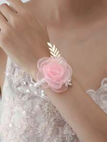 2pcs Rose Flower With Alloy Brooch And Wrist Corsage Set, Suitable For Groom, Bride, Groomsman, Bridesmaid, Wedding, Engagement, Banquet, Anniversary, Graduation Events,Elegant,Party - Baby Pink - View 3