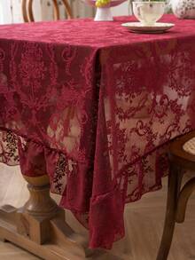 1pc Elegant French Floral Lace Trim Tablecloth, Fresh Decor For Dining Table, Holiday - Burgundy - View 7