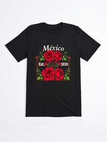 Camiseta Negra con Estampado de Rosas y Texto Mexico Est 1810 para Mujer Casual - Negro - Ver 2