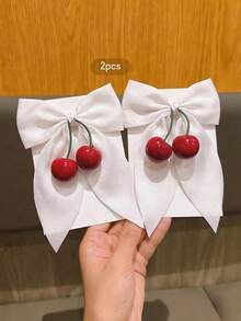 1/2Pcs Cherry Hair Bows For Women, Cute Red Cherry White Satin Ribbon Bowknot Hair Clips, Sweet Aesthetic French Barrettes Summer Hair Accessories Holiday Accessories Summer Travel,Vacation,Festival,Birthday, Claw Clips - White - View 5