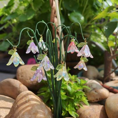 3D立体花园装饰插杆套装（1/5/10支装），仿真百合花和铃兰花，阳光下闪闪发光，迷你花园插杆套装，适用于户外盆栽植物和景观装饰，多肉植物和迷你盆景模型，也适用于庭院。