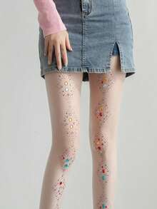 1 Pair Rainbow Diamond Rhinestone Tights - Available In Black, White, And Beige. High-Waisted Design To Prevent Slipping. Suitable For Wearing On Various Festive Occasions And Sharing On Social Media. - Multicolor - View 2