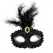 Bộ 2 mặt nạ lông vũ quyến rũ kiểu Venice, mặt nạ nửa mặt đính đá và ren cho nữ, thích hợp cho dạ hội hóa trang, trang phục Halloween. - 2 chiếc màu đen + trắng - Xem 6