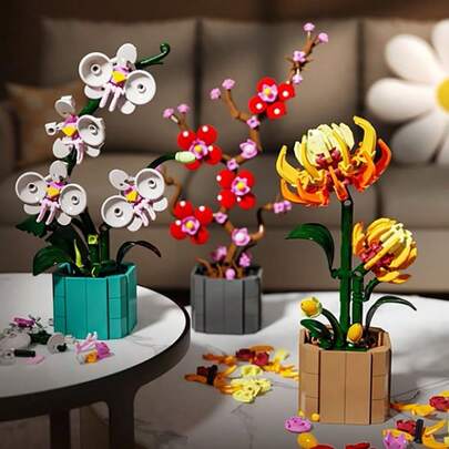 300+Pcs Brick Eternal Flower Potted Decor Set, Including White Orchid, Golden Chrysanthemum, Red Plum Blossom, Bird Of Paradise, Realistic Flower Gift Suitable For Friends, Birthday, Thanksgiving