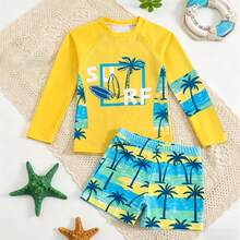 Bộ đồ bơi mùa hè cho bé trai gồm áo dài tay cổ tròn in hình lướt sóng và quần short in hình cây cọ. - Nhiều màu - Xem 5