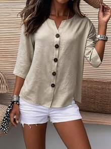 Button Front 3/4 Sleeve Blouse - Khaki - View 2