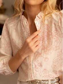 Women's Elegant Ruffle Collar Floral Print Blouse, 3/4 Sleeve, Pink, Vacation Style, Embroidered Trim Collar - Pink - View 4