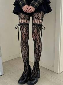 1双女士系带蕾丝长筒袜，少女气息镂空连裤袜，蝴蝶结黑色薄纱紧身裤，适合日常穿着 - 黑色 - 查看 1