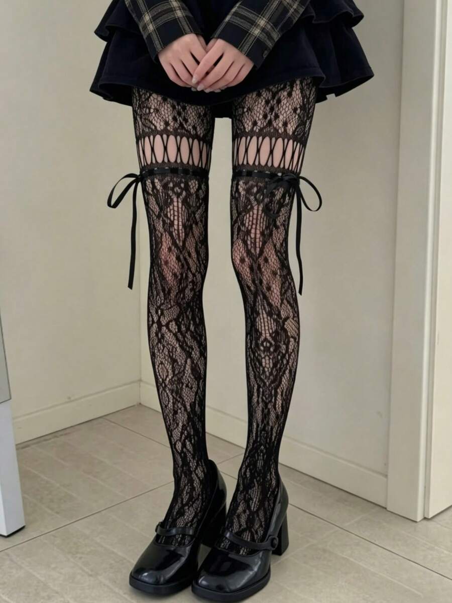 1双女士系带蕾丝长筒袜，少女气息镂空连裤袜，蝴蝶结黑色薄纱紧身裤，适合日常穿着 - 黑色 - 查看 1