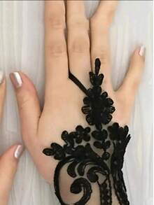 1 Pair Elegant Black Lace Fingerless Gloves - Soft & Skin-Friendly, Delicate Floral Pattern, Stretchy Polyester Material - Perfect For Bridal Wedding,Party And Ball, Wedding Accessory,Festival,Camping - Black - View 6