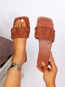 New Ruffle Trim Square Toe Slide Sandals, Casual Vacation Style Flat Slippers - Brown - View 7