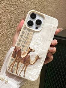 1PC Compatible With IPhone All Models, Middle Eastern Desert Camels, Milk Apricot Soft Frame, Phone Case, Ins Retro Exotic Style, Webbing Arabic Calligraphy Print, Full Protection & Precise Cutouts - White - View 4