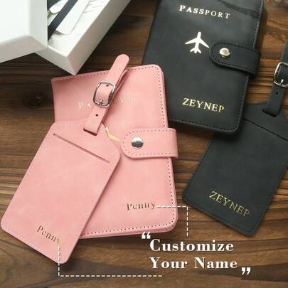 Personalized Gold Foil Name Passport Holder & Luggage Tag Set, Customized Gold Embossed Synthetic Leather Passport Cover With Stylish Buckle And Luggage Label, Handmade Elegant ID Card Holder, Fashionable Travel Gift