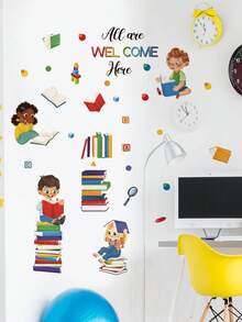 [5 Styles Available] Children's Reading Theme Wall Stickers - Cartoon Books / Hot Air Balloons / Inspirational Quotes, Self-Adhesive Waterproof Removable PVC Material For Children's Room, Reading Corner, Classroom Wall Decor - Wall Stickers - View 5