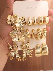4/6/16pcs Gold-Tone Fashion Earring Set For Women, Includes Left-Right Ear Flowers, 5-Petal Flowers, Teardrop, Heart, Small C-Shape Designs, Stylish & Elegant, Suitable For Daily Wear, Parties, Gifts For Girlfriends & Mothers. Made Of ABS Resin With Non-Fading UV Gold Plating - Multicolor - View 9