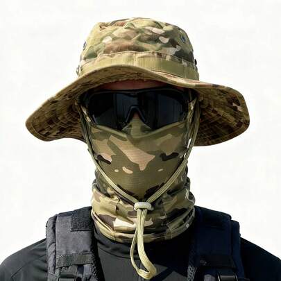 Bộ 1 mũ rộng vành rằn ri kiểu Balaclava dành cho nam, mũ che nắng ngoài trời kiểu Boonie, mũ xô, mũ bảo vệ mắt khi câu cá/leo núi, chất liệu lưới thoáng khí.