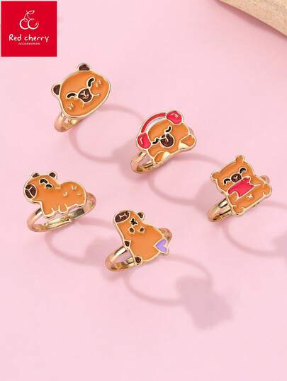 Set de 5 anillos ajustables con diseños de animales de esmalte lindos y de dibujos animados para niños, adecuados para uso diario, regalos y festividades