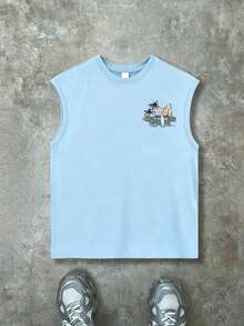 1pc Boys' Sleeveless Crew Neck Top With Car On Beach Graphic, Summer Vacation Style Tank Top - Baby Blue - View 3