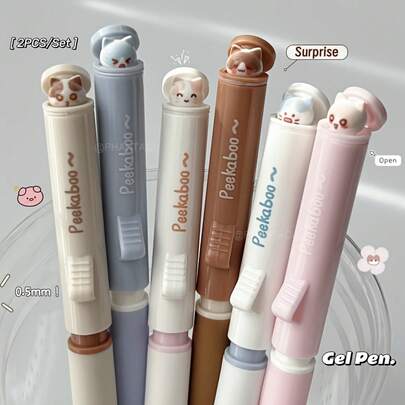 A Random Style 2-Pack Box Of Hide-And-Seek Style Gel Pens, Piglet Gel Pens, 0.5mm Black Pens, Creative Writing Pens, Office Supplies