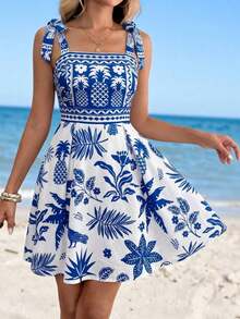 Vestido mini de mujer con cintura ceñida, tirantes anudados y unicolor - Multicolor 5 - Ver 7