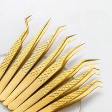 1件套金色网状防滑不锈钢精密睫毛镊子套装，加长防滑手柄，高精度无异味弯头，直头，金色羽毛花籽，假睫毛嫁接专用工具，美睫师专用钻石夹，不易折叠发夹 - 金色 - 查看 3