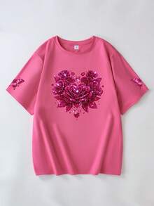 Áo thun cỡ lớn in hình hoa hồng hình trái tim - Áo nữ tay ngắn, cổ tròn, kiểu dáng thường ngày, lý tưởng cho mùa hè, kỳ nghỉ và mùa tựu trường. - Màu Hồng Tươi - Xem 2