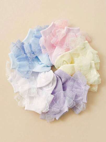 5 pares de calcetines de tobillo de malla transpirable de estilo dulce con decoración de encaje para niñas