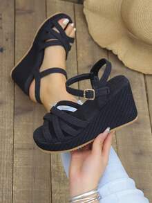 French Platform Sandals For Women, Summer Outdoor Criss-Cross Strap High Heel Wedge Thick Bottom Open Toe Roman Shoes - Black - View 6