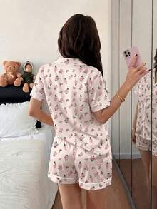 Women's Fashion Casual Comfortable Wearable Pajama Set Homewear, Floral Print Lapel Short Sleeve Top & Shorts, 2pcs Women's Pajama Set - Baby Pink - View 2