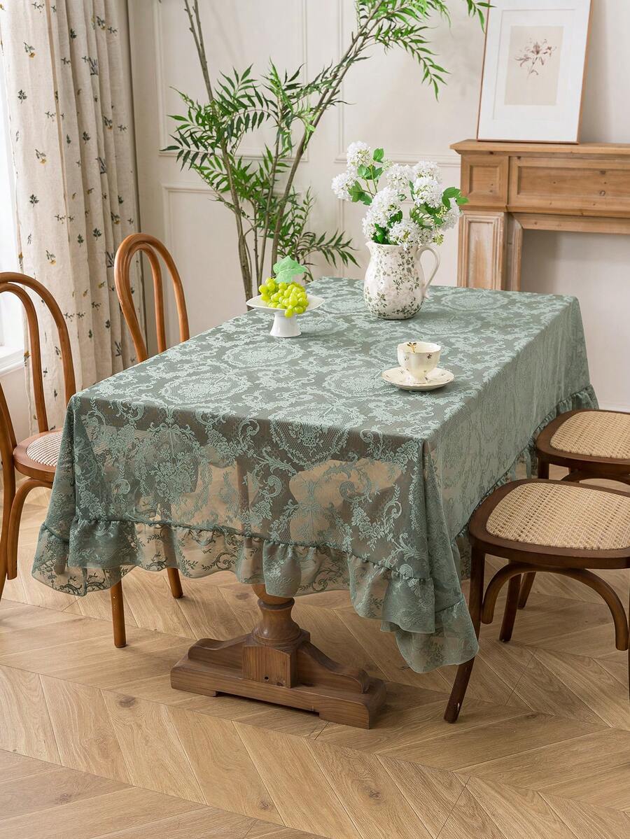 1pc Elegant French Floral Lace Trim Tablecloth, Fresh Decor For Dining Table, Holiday - Green - View 1