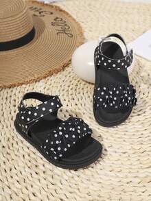 1 par de sandalias planas de suela gruesa para niños en verano, diseño de lunares con cierre de gancho y bucle, sandalias de princesa para exteriores - Negro - Ver 7