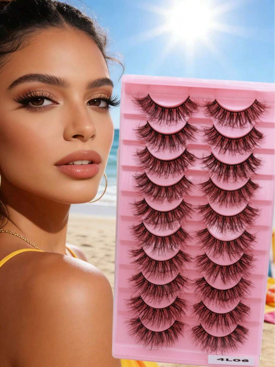 10 pares de pestañas voluminosas rusas D DD y pestañas postizas naturales y esponjosas 3D de visón falso, pestañas postizas de tira completa con volumen y efecto ahumado, pestañas voluminosas naturales con efecto cruzado, pestañas postizas con banda invisible para uso diario - Ver 1
