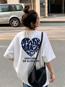 Kaos Wanita Kasual Longgar Leher Bulat Lengan Pendek dengan Cetakan Huruf, Serbaguna untuk Musim Semi/Panas, Warna Putih - Putih - View 1