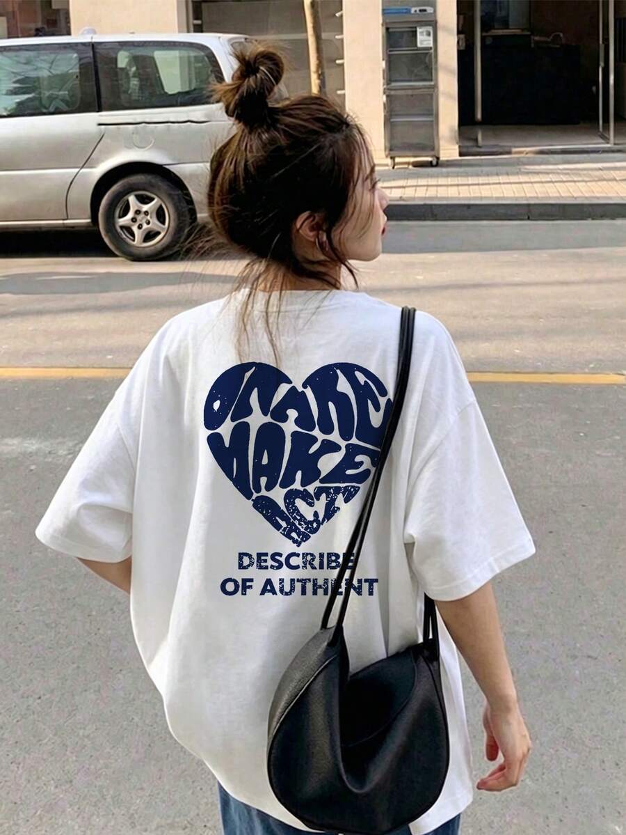 Kaos Wanita Kasual Longgar Leher Bulat Lengan Pendek dengan Cetakan Huruf, Serbaguna untuk Musim Semi/Panas, Warna Putih - Putih - View 1