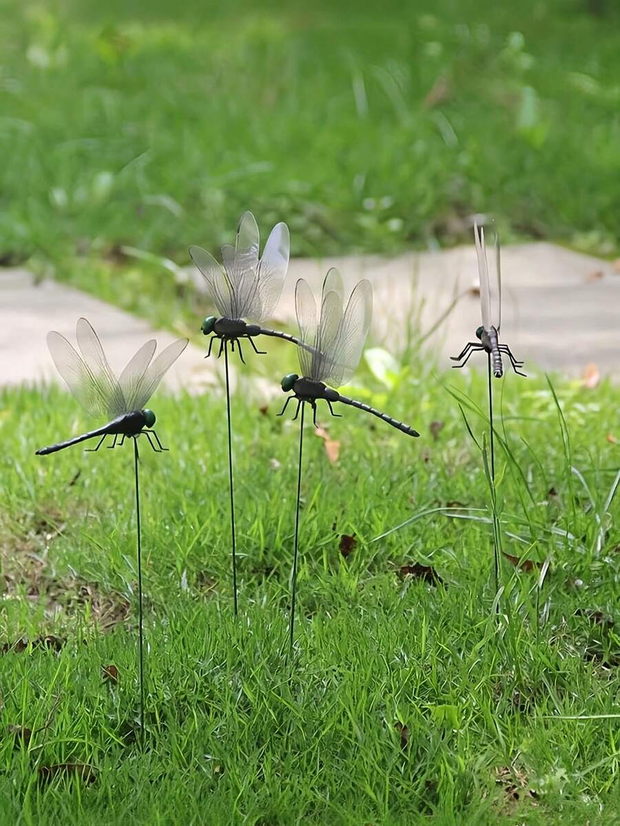 4pcs Realistic Dragonfly Garden Decor Stakes, DIY 3D Dragonfly Plug-Ins With Support Rods, Suitable For Indoor/Outdoor Mosquito Repellent, Flower Pots, Gardens, Yards, Lawns, No Battery Required - Gift For Insect Lovers And Home Decor, Durable PVC Material, Suitable For Christmas And Thanksgiving, Holiday Decoration