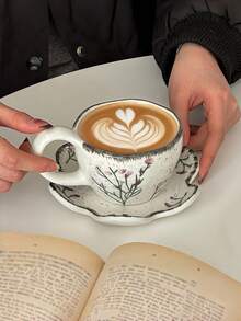 1pc Hand-Painted Floral Coffee Cup & Saucer Ceramic Tableware Set, Rustic Style For Latte, Water, Milk, Oatmeal, Tea, Juice, Breakfast, Coffee, Beverages, Suitable For Cafe, Home, Restaurant, Party, Office, Father's Day, Mother's Day, Friend, Boyfriend/Girlfriend, Family, Teacher, Coworker Gifts, Halloween, Christmas - Multicolor - View 2