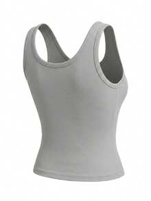 Top corto sin costuras acanalado para mujer, diseño clásico de cuello redondo sin alambre, camiseta ajustada y transpirable, dobladillo de doble capa para evitar el rizado, tela suave para uso diario y capas estilo Y2K - Gris - Ver 5