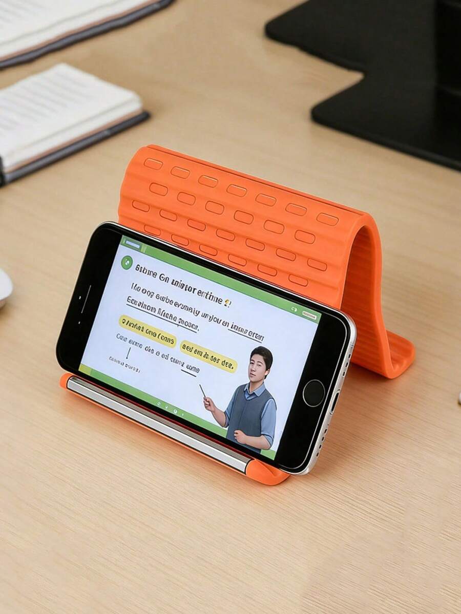 Orange Soft Silicone Foldable Phone Stand, Foldable And Compact For Easy Storage, Built-In Metal Strip For Durability, Suitable For Phones, Tablets, Laptops, Applicable For Work, Study, Entertainment And More Scenarios