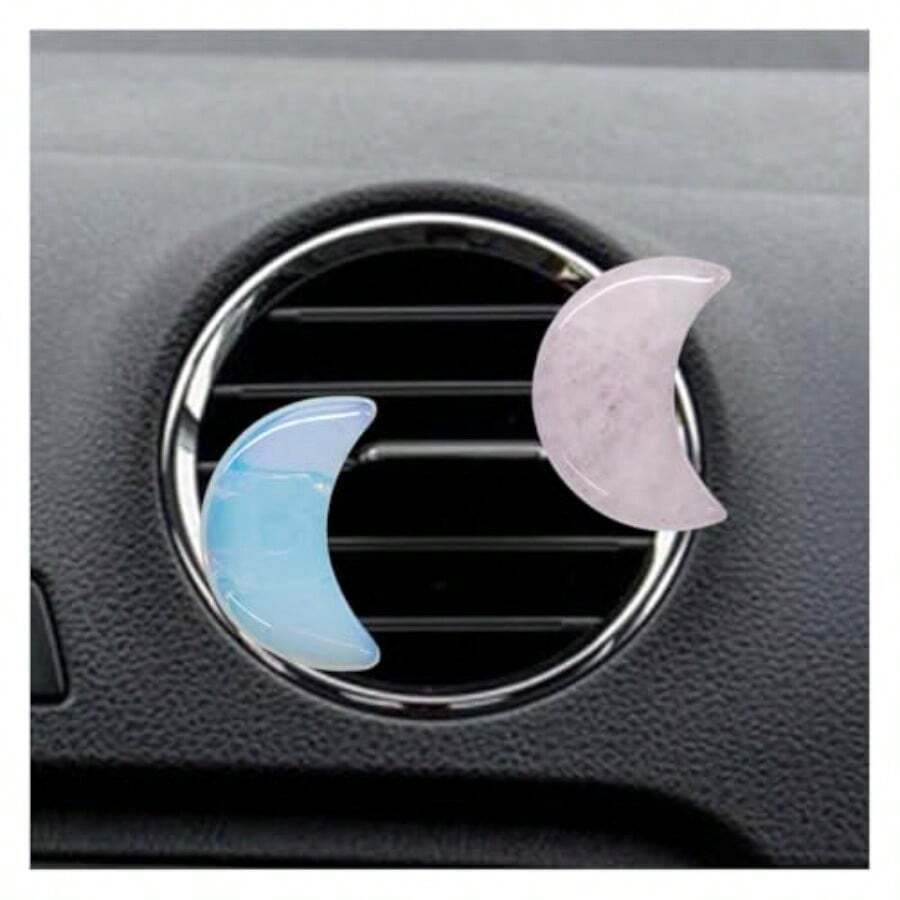 2PCS Moon Car Dashboard Air Vent Trim Clips Glamorous Crystal Stone Auto Air Conditioning Outlet Clip Decoration Cute Unscented Car Interior Vent Accessories For Women And Men PinkandWhite - 粉紅白 - 查看 1