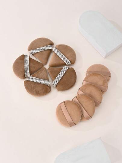 5pcs Brown Crystal Powder Puff + 5pcs Round Powder Puff Combo, High-Quality Crystal Decor Powder Puffs, Skin-Friendly & Non-Irritating, Triangle Shape For Touch-Up, Round Shape For All-Over Setting, No Powder Fly-Away Or Caking, Designed For Loose Powder & Translucent Powder, Suitable For Home Use Or Makeup Artists