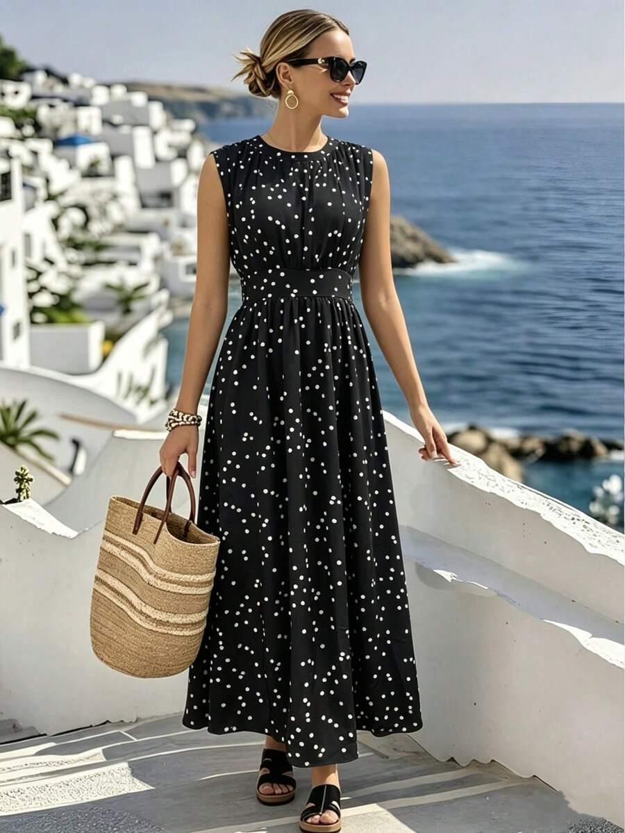 Đầm midi chấm bi eo lửng dành cho nữ, thanh lịch và tinh tế, phù hợp cho công sở, đi làm, dạo phố, đi biển, tiệc trà chiều, dự tiệc, bộ sưu tập mới xuân/hè. - màu đen - Xem 1
