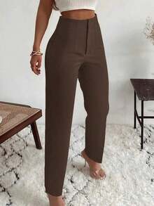 Pantalones elegantes de oficina con bolsillos laterales plisados y ajuste ceñido para mujer, de uso casual en primavera - Café integral - Ver 4