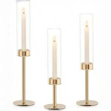 3 piezas Elegantes Portavelas de Vidrio a Prueba de Viento Dorados, Portavelas Cónicos Tipo Huracán con Vidrio Removible y Base Redonda Pesada, Portavelas Cilíndricos Modernos Adecuados para Centros de Mesa, Decoraciones de Boda y Navidad al Aire Libre, Acabado Frotado en Aceite, Accesorios de Montaje de Metal para Mesa - Oro-3 piezas - Ver 3