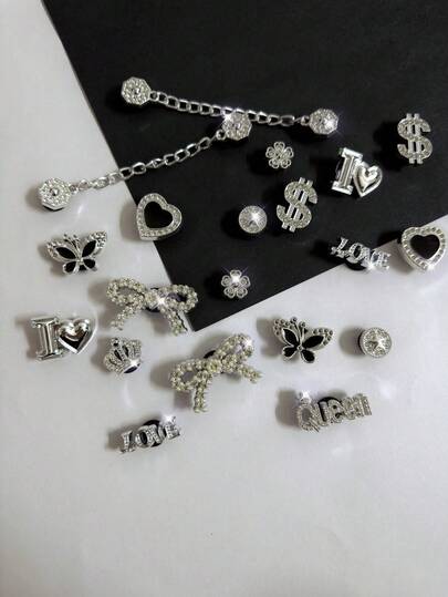 20pcs Detachable DIY Silver Sequin Bowknot, Love, Dollar, Heart, Silver Queen Rhinestone Letter Shoe Charms, Suitable For Sandals, Clogs, Garden Shoes, Beach Shoes, Great Holiday Gift