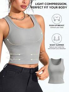 Top corto sin costuras acanalado para mujer, diseño clásico de cuello redondo sin alambre, camiseta ajustada y transpirable, dobladillo de doble capa para evitar el rizado, tela suave para uso diario y capas estilo Y2K - Gris - Ver 3