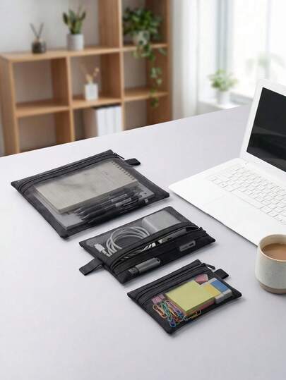 3pcs Modern Style Mesh File Bags, Made Of Durable Nylon Material With Zipper Design, Combining Fashion And Practicality. Suitable For Students To Organize Study Materials Or Office Workers To Store Documents, An Ideal Choice For File Organization.