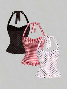 Women's Romantic Vacation Style Polka Dot & Plaid Backless Halter Neck Camisole Set - Multicolor - Ver 2
