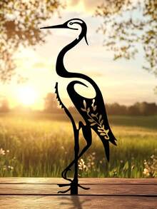1pc Metal Painted Garden Decor Wrought Iron Egret Silhouette Sculpture, Outdoor Metal Bird Statue Ground Stake - 14.8 Inches, Rustic Wooden Post Fence Insert, Potted Plant Decoration Art, Suitable For Gifts, Yard & Garden Decor - One Size - View 1