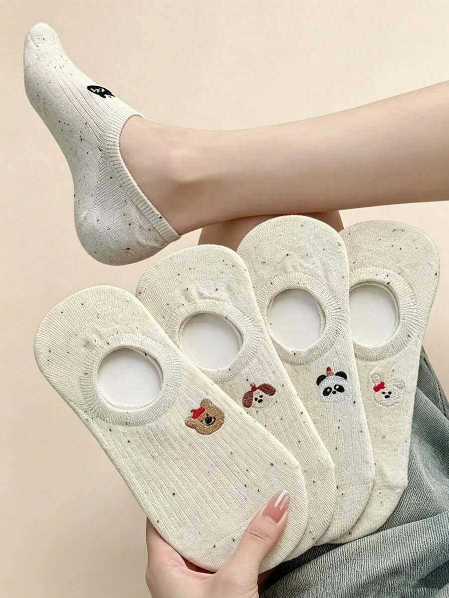 5 đôi tất thuyền vô hình thêu hình hoạt hình dễ thương dành cho nữ, mỗi bộ gồm 5 mẫu thêu hình động vật hoạt hình khác nhau, được làm từ sợi len chấm bi màu trắng sữa, phù hợp cho nhiều dịp khác nhau vào mùa xuân và mùa hè. - Nhiều màu - Xem 1