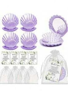 12pcs/4sets Shell Shaped Mirror & Comb 2-In-1 Set, Includes 4 Shell Mirrors, 4 Thank You Cards, And 4 Organza Bags, Suitable For Weddings, Bachelorette Parties, And Hen Parties - Multicolor - View 3